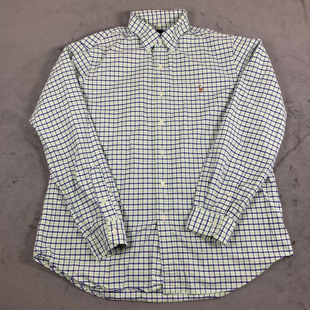 Ralph Lauren Mens Large Green Navy Gingham Check Button Down Shirt Long Sleeve